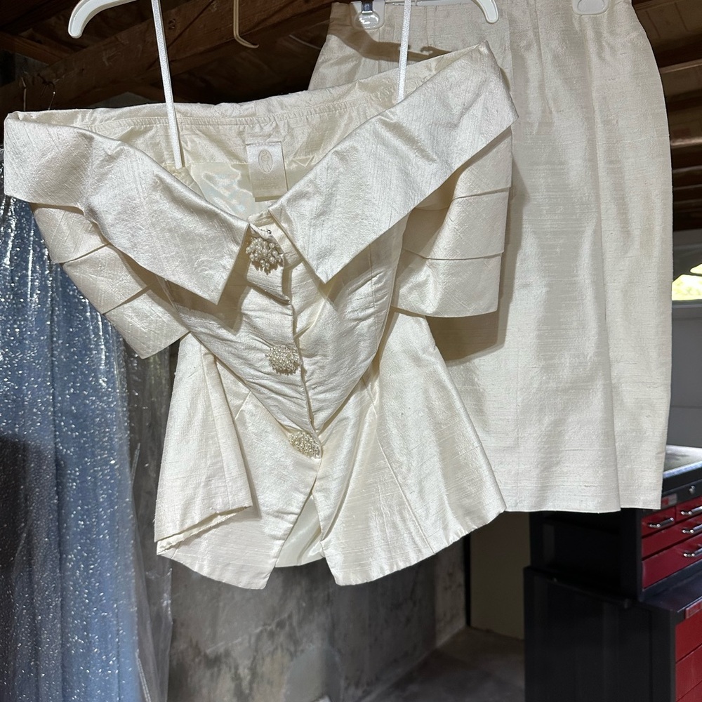 Elegant Cream Off-Shoulder Blouse and Skirt Set